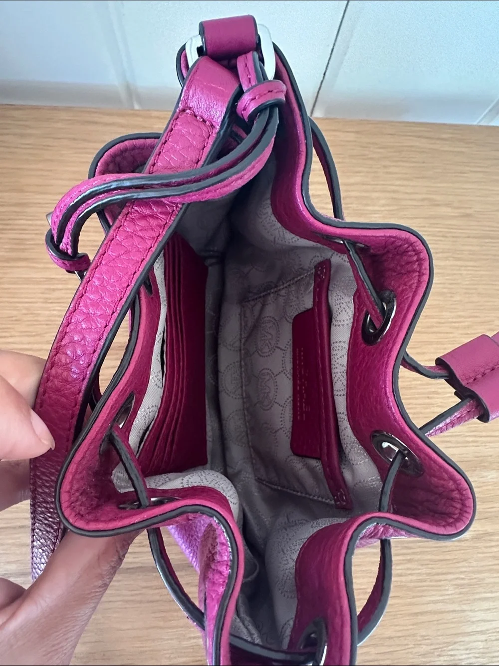 Michael Kors Fuchsia Leather Drawstring Crossbody Bucket Bag